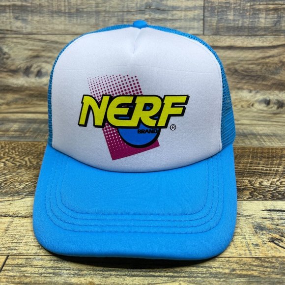 Nerf Gun Mens Trucker Hat Blue Snapback 90s Retro Toys Throwback Logo Ball Cap - Picture 2 of 8